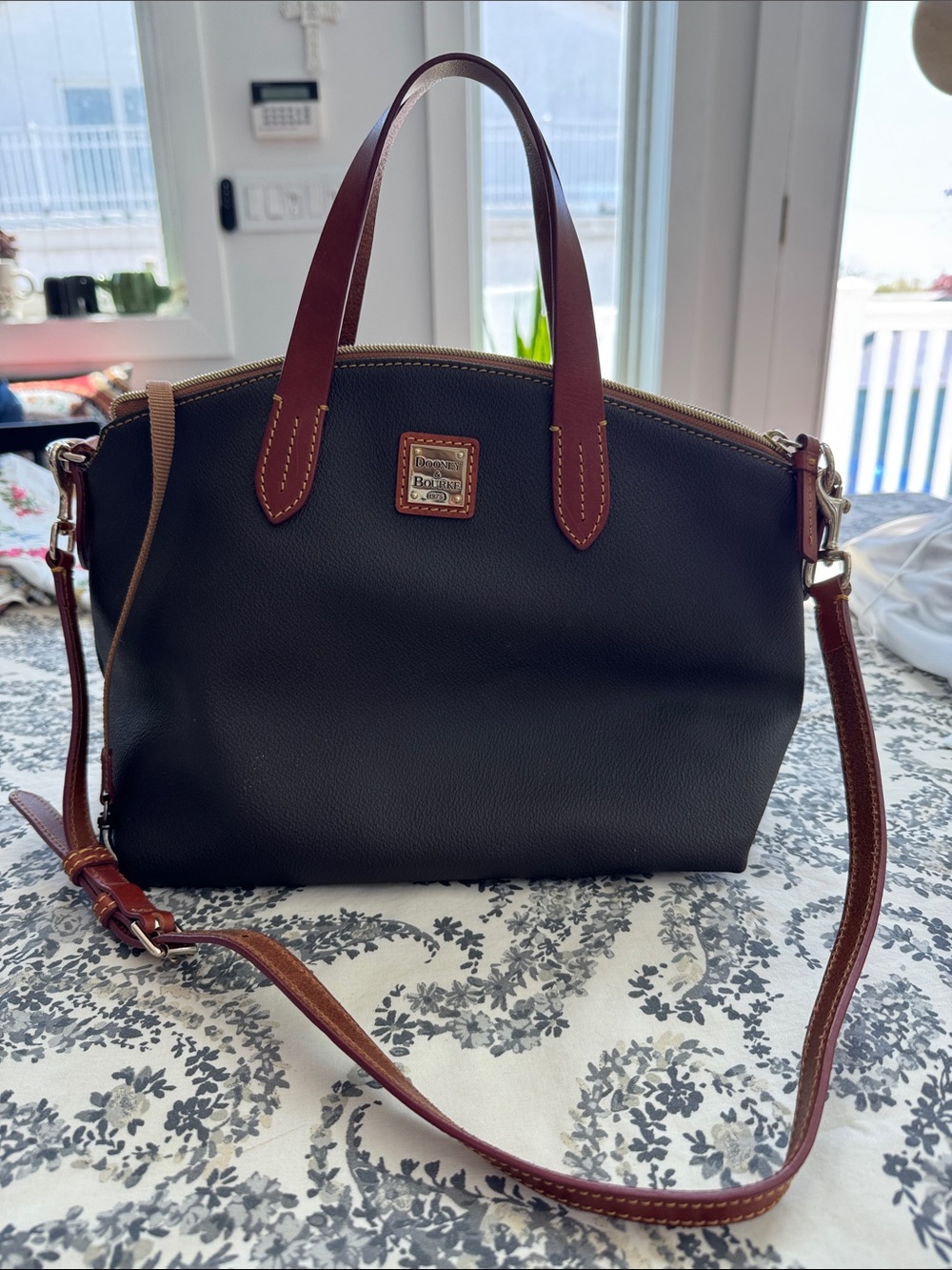 Dooney & Bourke Black Satchel with Brown Trim